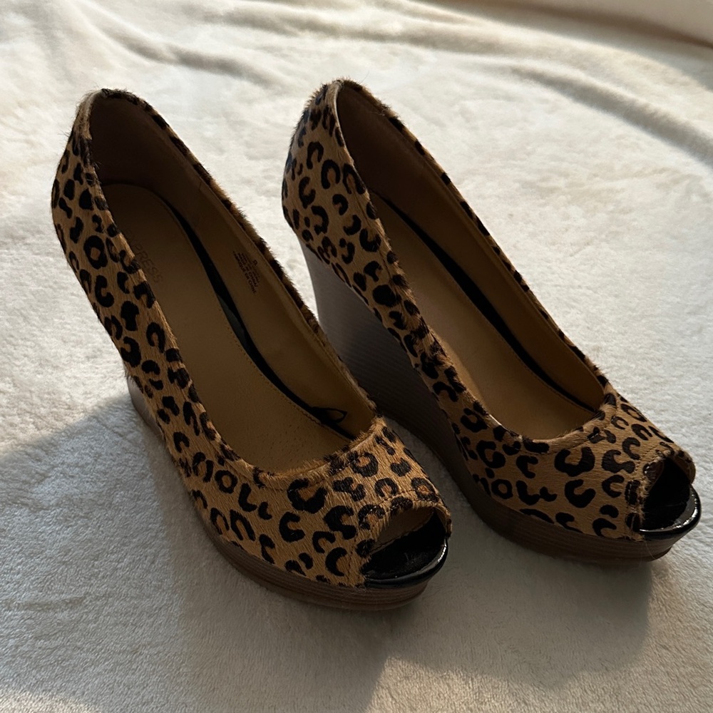Express Leopard Print Peep Toe Wedge Shoes